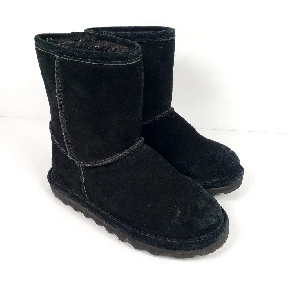 Bearpaw Elle Girls Size 13 Black Cow Suede Wool Blend Lining Pull On Snow Boots